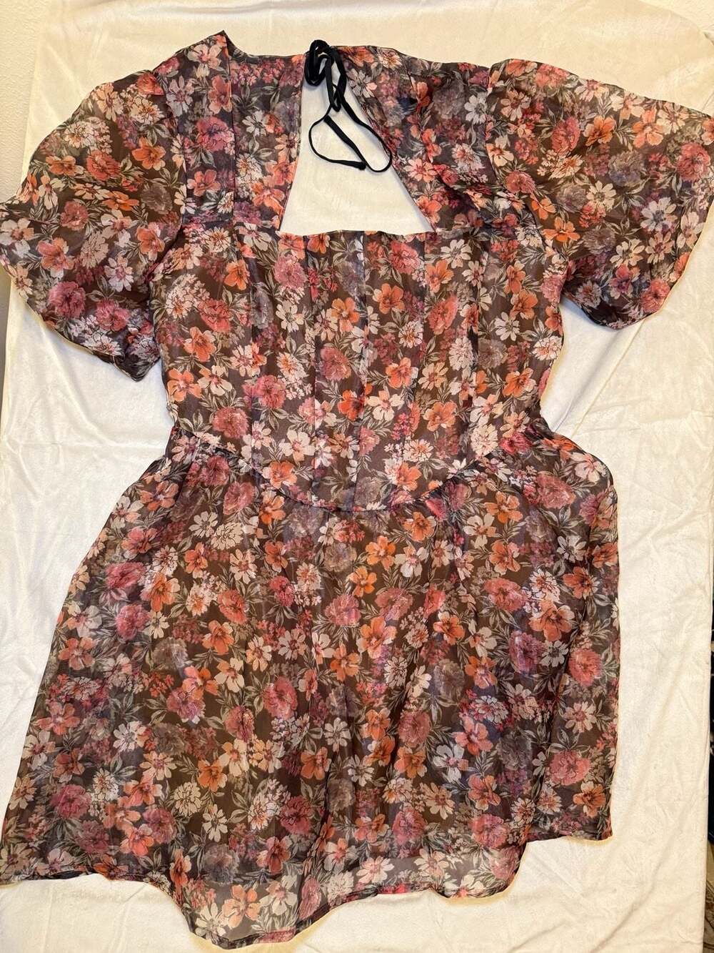 Lost + Wander Botanique Mini Dress Black Floral Organza Puff Sleeve NWT